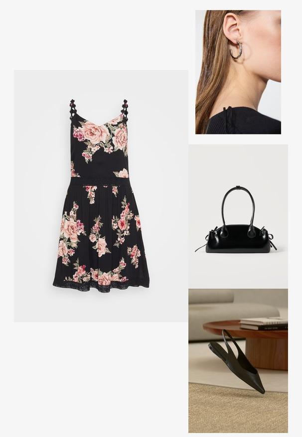 Zwarte bloemenjurk met roze rozen, spaghettibandjes met bloemaccenten en een geplooide rok. Lichtgewicht stof en kanten rand aan de onderkant.; Zwarte platte slingback schoen met puntige neus bij een ronde houten tafel met gestapelde boeken op een beige tapijt in een modern woonkamertje.; Kleine zwarte glanzende handtas met twee lange hengsels en zijkant trekkoord details op een effen lichte achtergrond.; Zilveren oorbel met een gepolijste afwerking, met kleine gouden accentdetails en een ronde vorm, gedragen op de oorlel.