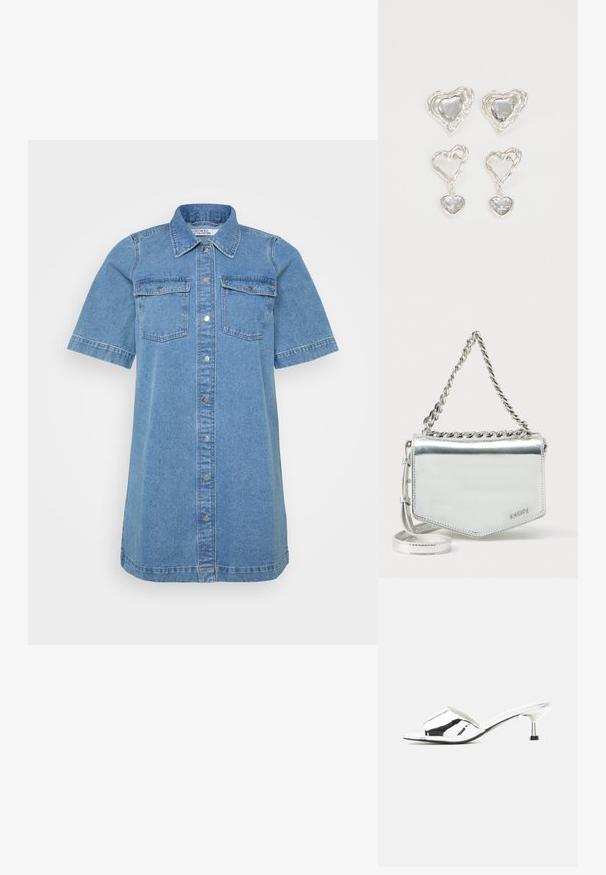 Denim-paitamekko vaaleansinisessä sävyssä, jossa on kauluspantaa, lyhyet hihat, kaksi rintataskua ja etupainike. Liukas pinta.; Hopeanvärinen avoin varvasliukusandaali matalalla kissankorvakorolla ja kiiltävällä metallipinnalla neutraalilla taustalla.; Hopeanvärinen metallinhohtoinen olkalaukku ketjusangalla, geometrinen muoto, sileä pinta ja logodetaili. Varustettu vetoketjullisella suljinnalla ja korostetulla saumauskohdalla.; Hopeasydänkorvakorut sisältävät hiottuja kirkkaita kiviä, joissa on teksturoitu kehys. Settiin kuuluu nappi- ja roikkuvat mallit.
