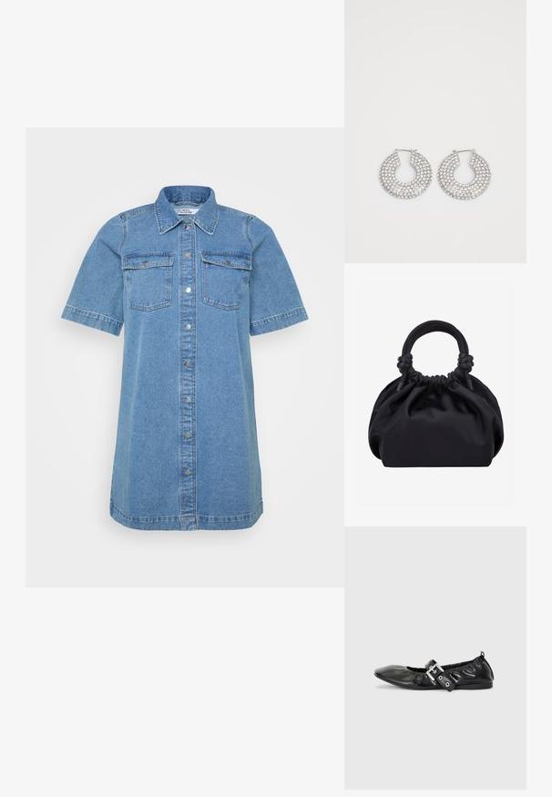 Denim skjortekjole i lyseblå, med krave, korte ærmer, to brystlommer og knaplukning foran. Glat tekstur.; Sorte læder flade sko med spids tå, samling detaljer omkring åbningen, og en sølv spænde accent på den justerbare rem.; Sort blød stofhåndtaske med samlet top og cirkulære polstrede håndtag bundet med knuder på hver side.; Sølvøreringe med flere klare krystaludsmykninger, med en struktureret overflade og et åbent rundt design.