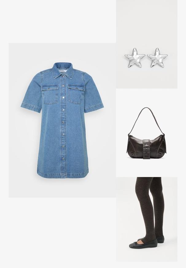 Vestido camisa de mezclilla en azul claro, con cuello tipo camisa, manga corta, dos bolsillos en el pecho y cierre de botones en el frente. Textura suave.; Piernas con leggings oscuros acanalados combinados con bailarinas negras que presentan pequeños detalles de lazo sobre un fondo blanco.; Bolso de hombro de cuero marrón con forma curva, que presenta un prominente detalle de hebilla, costuras en contraste y una sola correa para el hombro.; Pendientes en forma de estrella plateada con una superficie pulida y brillante. Cada pendiente presenta cinco puntas y sutiles detalles de textura en la superficie.