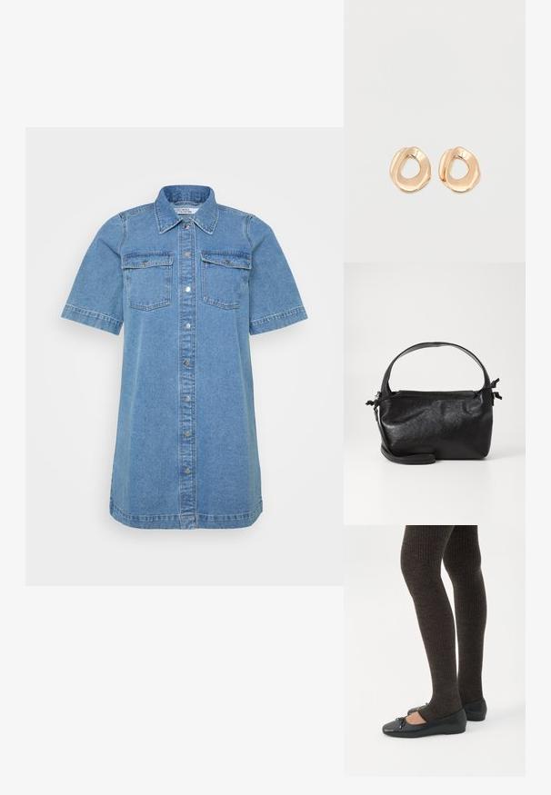 Denim skjortekjole i lyseblå, med krave, korte ærmer, to brystlommer og knaplukning foran. Glat tekstur.; Ben iført mørke ribbede leggings kombineret med sorte balletsko med små sløjfedetaljer på hvid baggrund.; Sort læderhåndtaske med et struktureret design, rund tophåndtag og aftagelig skulderrem. Den har en glat tekstur og en subtil glans.; Par af uregelmæssigt formede, polerede øreringe i guldfarvet metal med åben midte på en ens hvid baggrund.