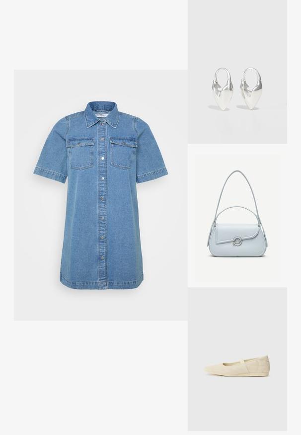 Vestido camisa de mezclilla en azul claro, con cuello tipo camisa, manga corta, dos bolsillos en el pecho y cierre de botones en el frente. Textura suave.; Bailarinas beige con un exterior de cuero liso, punta en forma de almendra y una correa elástica en el empeine, con detalles de costura sutiles.; Bolso de cuero azul claro con solapa redondeada, cierre circular plateado y dos correas para el hombro sobre un fondo liso.; Otiumberg ROSCIDA HEART HOOPS - Pendientes - silver-coloured