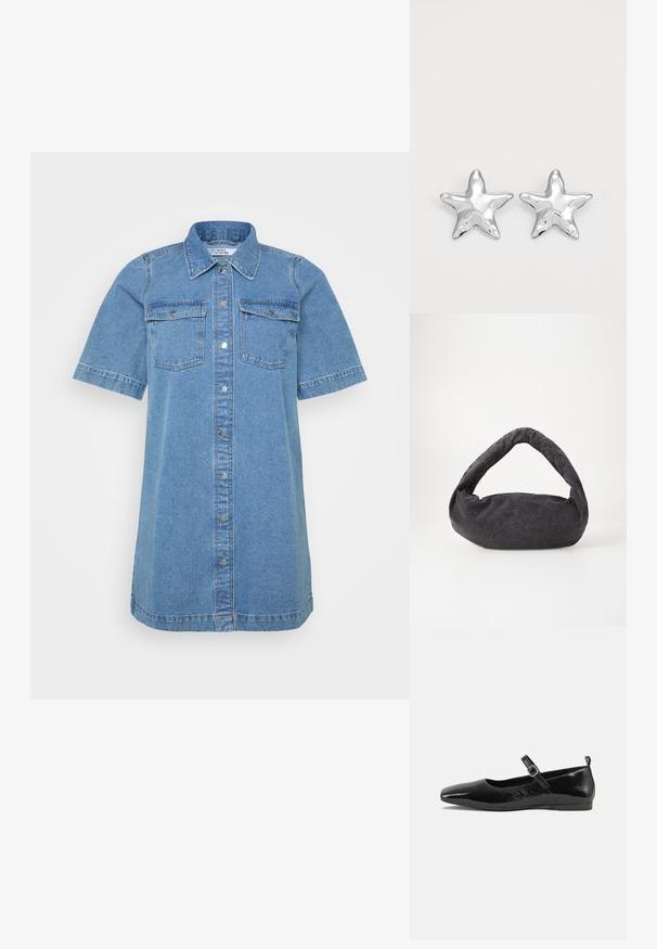 Denim skjortekjole i lyseblå, med krave, korte ærmer, to brystlommer og knaplukning foran. Glat tekstur.; Sorte patentlæder flade sko med spidse tæer, en ankelrem med spænde og en glat, blank tekstur. Lav hæl for komfort.; Mørkegrå stofpose med et buet håndtag, blød tekstur og rund form. Ingen synligt hardware eller pynt.; Sølvstjernede øreringe med en poleret, blank overflade. Hver ørering har fem spidser og subtile teksturdetaljer på overfladen.
