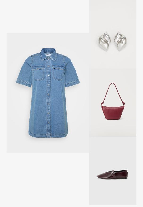 Vestido camisa de mezclilla en azul claro, con cuello tipo camisa, manga corta, dos bolsillos en el pecho y cierre de botones en el frente. Textura suave.; Bailarinas de cuero burdeos con punta afilada, suela plana y una correa decorativa con hebilla a lo largo del empeine. Textura suave y brillante.; Pequeño bolso de cuero burdeos para el hombro con correa anudada y cierre superior con cremallera sobre un fondo claro y sencillo.; Pendientes de plata con una forma orgánica y abstracta. Superficie lisa y brillante con un diseño cónico. Presentan suaves curvas y un detalle de línea central.
