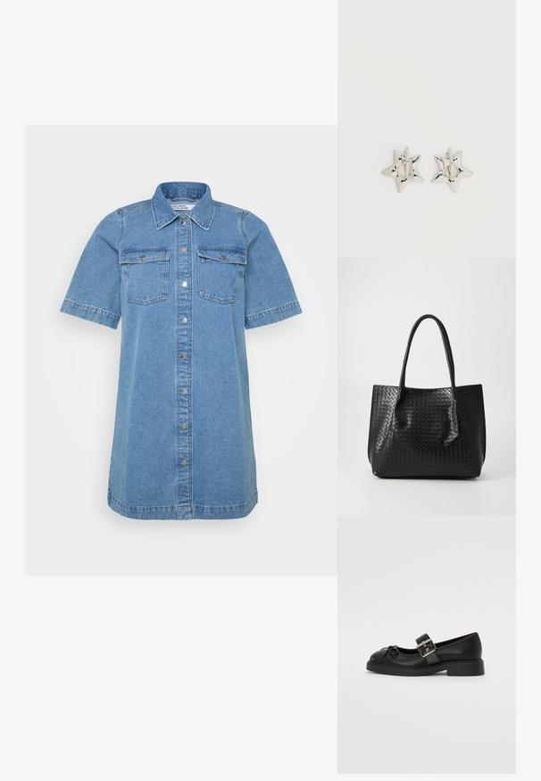 Denim skjortekjole i lyseblå, med krave, korte ærmer, to brystlommer og knaplukning foran. Glat tekstur.; Sort læder Mary Jane-sko med rund tå, ankelrem og sølv spænde detalje. Har en flad, chunky sål og en sløjfe akcent.; Sort vævet læder tote bag med to håndtag, struktureret form og subtil glansfinish på en ensfarvet lys baggrund.; Sølv stjerneformede øreringe med en glat, poleret finish på en ensfarvet hvid baggrund.