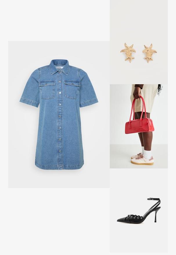 Denim skjortekjole i lyseblå, med krave, korte ærmer, to brystlommer og knaplukning foran. Glat tekstur.; Sort spids hæl med bølgede kanter, metaløjer, snørelukning foran og ankelrem med spænde.; Rød håndtaske i krokodillepræg med to håndtag og lynlåslukning. Retangulær form, glat tekstur og blank finish.; Øreringe i guldfarve med to teksturerede søstjerneformer, en større og en mindre på hver ørering, mod en hvid baggrund.