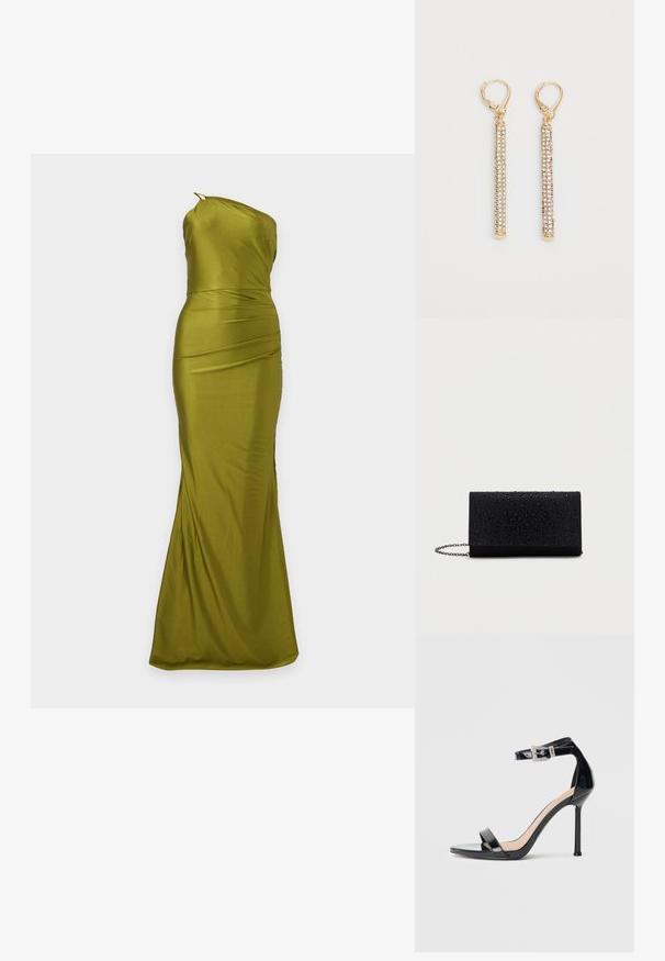 Longue robe en satin vert olive à encolure asymétrique, taille cintrée et subtil détail drapé, présentée sur un fond uni.; Sandale à talon haut en cuir verni noir avec bride à la cheville. Présente un design minimaliste, un bout ouvert et une boucle ornée de strass.; Porte-monnaie noir à poches avec une surface texturée présentant des gouttes en relief, de forme rectangulaire, avec une bandoulière en chaîne et un design minimaliste.; Boucles d'oreilles en ton doré comportant de longues barres minces ornées de petits strass clairs. Fermoirs à ressort en haut pour un port sécurisé.