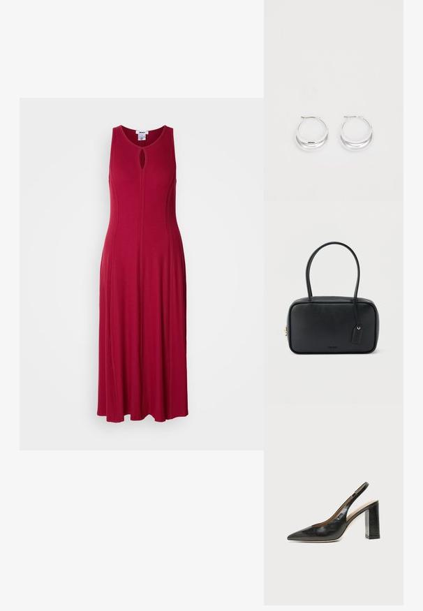 Robe longue sans manches en tissu côtelé, avec un décolleté en trou de serrure et une jupe fluide pour une coupe décontractée.; Chaussure slingback en cuir noir à bout pointu avec un talon bloc haut et une doublure intérieure beige sur un fond clair uni.; Sac à main rectangulaire noir avec doubles poignées arrondies, fermeture éclair dorée et logo "HUGO" embossé sur le devant avec une étiquette en cuir attachée.; Boucles d'oreilles en argent avec une finition polie et un branding DKNY, présentées sur un fond blanc uni.