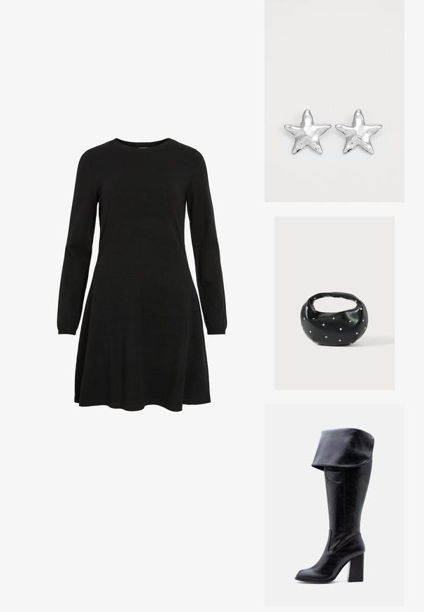 Schwarzes Langarmkleid aus Strickstoff mit rundem Ausschnitt und ausgestelltem Saum, das eine schlichte und taillierte Silhouette bietet.; Hoher schwarzer Lederstiefel mit Absatz, umgeschlagenem Umschlag und abgerundetem Zehenbereich, steht aufrecht auf weißem Hintergrund.; Schwarze Lederhandtasche mit abgerundeter Form, verziert mit silbernen Nietenakzenten und kurzem Griff. Glatte Struktur und Reißverschlussverschluss.; Silberne sternförmige Ohrringe mit einer polierten, glänzenden Oberfläche. Jeder Ohrring hat fünf Spitzen und dezente Oberflächentexturdetails.