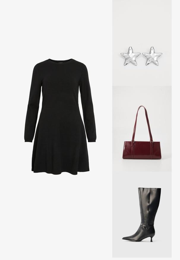 Vestido negro de manga larga hecho de tela de punto, con escote redondo y dobladillo acampanado, que ofrece una silueta simple y ajustada.; Bota negra de cuero hasta la rodilla, con punta afilada y tacón bajo tipo kitten, mostrada sobre un fondo claro y sencillo.; Bolso burdeos hecho de material brillante, de forma rectangular, con dos asas para el hombro y sutiles acentos curvados en la parte frontal.; Pendientes en forma de estrella plateada con una superficie pulida y brillante. Cada pendiente presenta cinco puntas y sutiles detalles de textura en la superficie.