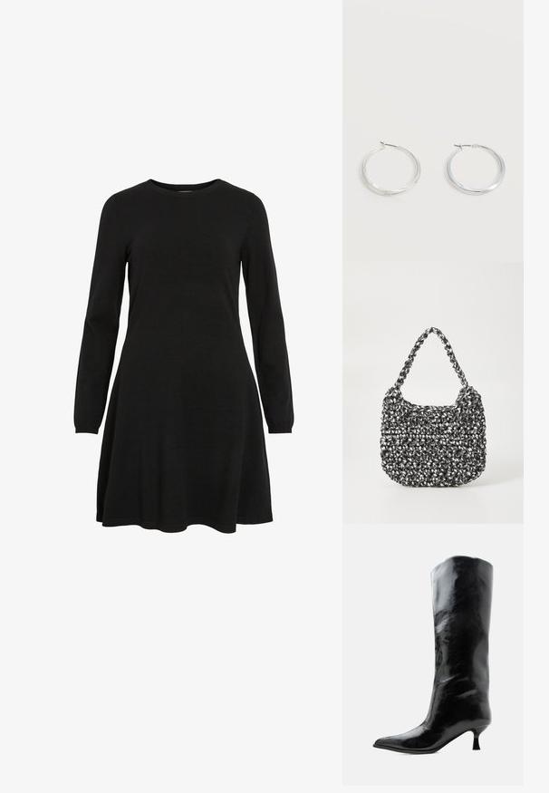 Vestido negro de manga larga hecho de tela de punto, con escote redondo y dobladillo acampanado, que ofrece una silueta simple y ajustada.; Bota negra de cuero brillante hasta la rodilla con punta puntiaguda y tacón bajo curvado sobre un fondo claro y liso.; Bolso de mano tejido en blanco y negro con forma redondeada, superficie texturizada y asa trenzada. Adecuado para uso casual.; Pendientes de aro de metal plateado con superficie lisa y ligeramente curvada y cierre de tipo mosquetón sobre un fondo blanco liso.