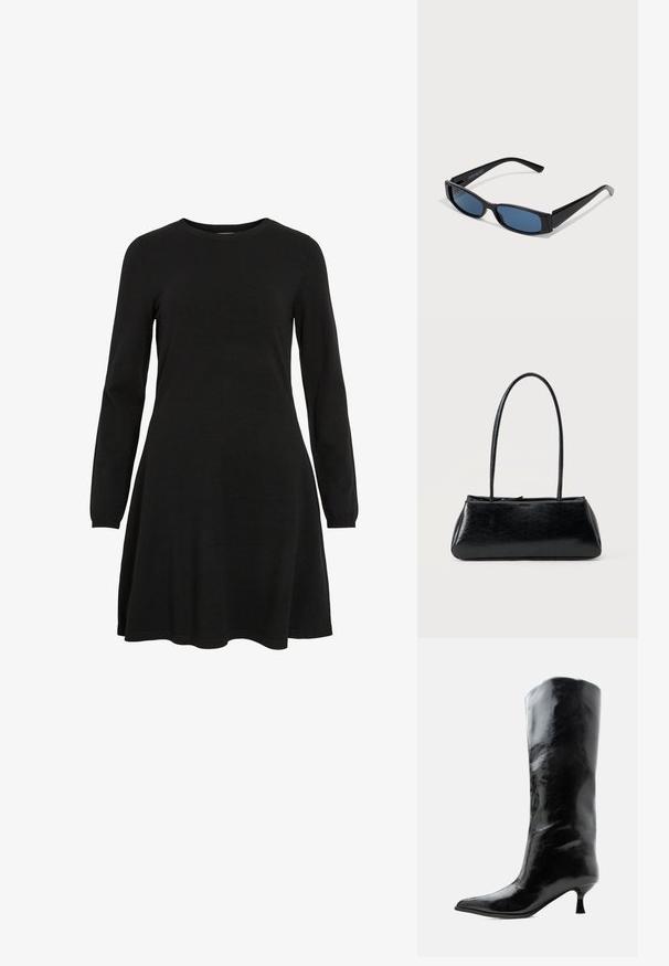 Vestido negro de manga larga hecho de tela de punto, con escote redondo y dobladillo acampanado, que ofrece una silueta simple y ajustada.; Bota negra de cuero brillante hasta la rodilla con punta puntiaguda y tacón bajo curvado sobre un fondo claro y liso.; Gafas de sol negras con una elegante montura rectangular y lentes azules. Presentan una textura suave y varillas resistentes. Logo de la marca en el costado.; Bolso de hombro rectangular negro con correas largas y delgadas y una textura lisa y brillante sobre un fondo liso.