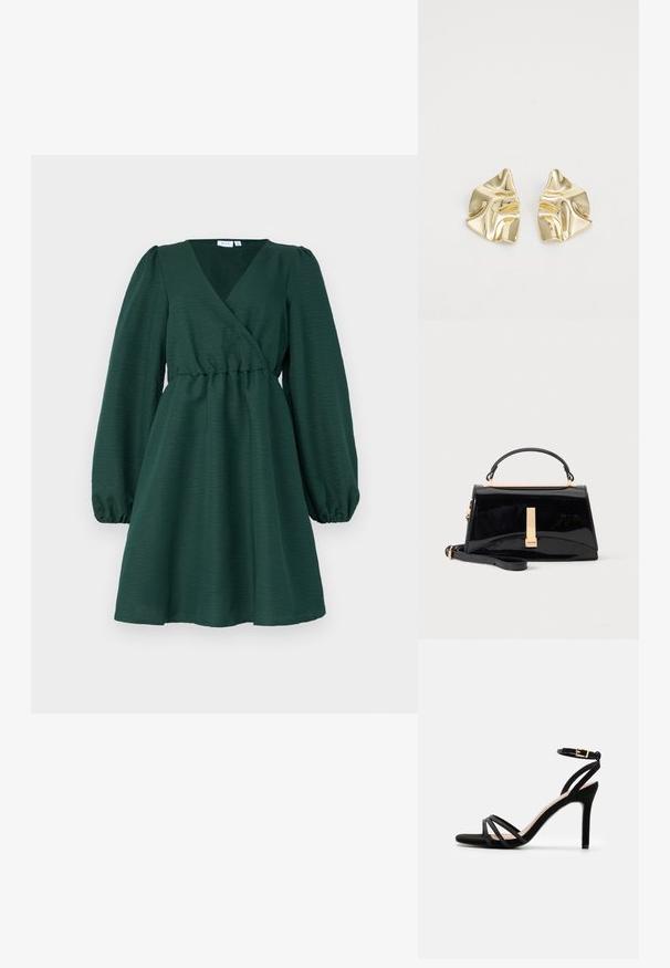 Zelené oblečenie na wrap vyrobené z textúrovanej látky, s dlhými puff rukávmi, zúženým pásom a rozšírenou sukňou.; Anna Field by Zalando Sandále - black; Lesklá čierna kabelka s horným uchom, zlatým zapínaním a odnímateľným ramenným popruhom na jednoduchom svetlom pozadí.; Zlaté kovové náušnice s vlnitým dizajnom; hladký, reflexný povrch; asymetrický tvar; žiadne viditeľné vzory alebo hardvér.