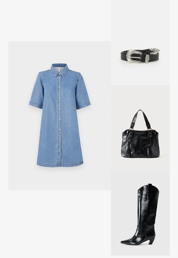 Robe chemise en denim, bleu clair, manches courtes, col, fermeture à boutons sur le devant, longueur genoux, détails de couture sur les manches, coupe décontractée.; Bottes en cuir noir montantes jusqu'au genou, avec une pointe effilée, un talon bas, et des détails de couture décoratifs sur les côtés. Fini lisse et brillant.; Sac à épaule en cuir noir avec double anses attachées par des anneaux et rivets dorés, surface lisse et légèrement brillante, design simple.; Ceinture en cuir noir avec une grande boucle en métal argenté dotée de détails complexes et d'accents décoratifs à chaque extrémité.