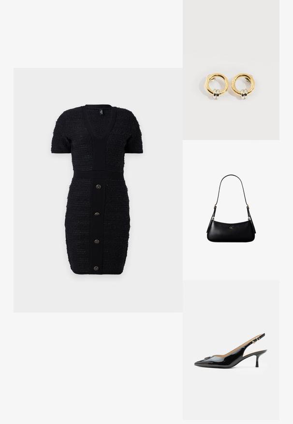 Sort strikket kjole med V-udskæring, korte ærmer og teksturerede striber. Har en tætsiddende silhuet og seks guldfarvede frontknapper.; Sort patentlæder slingback hæl med spids tå, lille kitten hæl og sølvspænde på en ensartet hvid baggrund.; Sort læder mini skuldertaske med tynd rem og lille gyldent CK-logo på fronten i midten.; Guld cirkulære øreringe med to små sølv-ringe på hver, der viser subtile indgraverede mærkenavne detaljer, sat på en hvid baggrund.