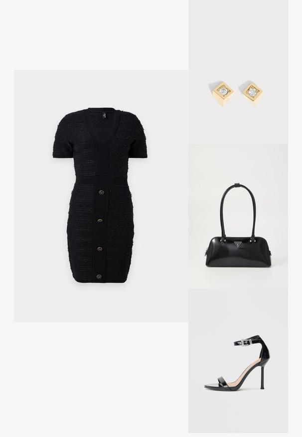 Sort strikket kjole med V-udskæring, korte ærmer og teksturerede striber. Har en tætsiddende silhuet og seks guldfarvede frontknapper.; Sort højhælet sandal i laklæder med ankelrem. Har minimalistisk design, åben tå og spænde med rhinsten-detaljer.; Sort glanshandtaske med en buet silhuet, to håndtag og en frontlogo-plakette. Lynlås lukning og skinnende hardware-detaljer.; Guld firkantede øreringe med en klar rund ædelsten centreret på hver, vist på en simpel lys baggrund.