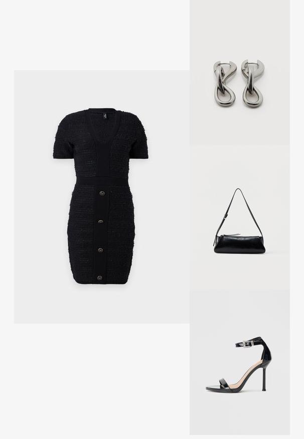 Sort strikket kjole med V-udskæring, korte ærmer og teksturerede striber. Har en tætsiddende silhuet og seks guldfarvede frontknapper.; Sort højhælet sandal i laklæder med ankelrem. Har minimalistisk design, åben tå og spænde med rhinsten-detaljer.; Sort læder skuldertaske med tynd justerbar rem, lynlåslukning og lille metal "GUESS" logo foran i midten.; Par af sølvtonede metale øreringe med abstrakt sammenflettet løbedesign på hvid baggrund.