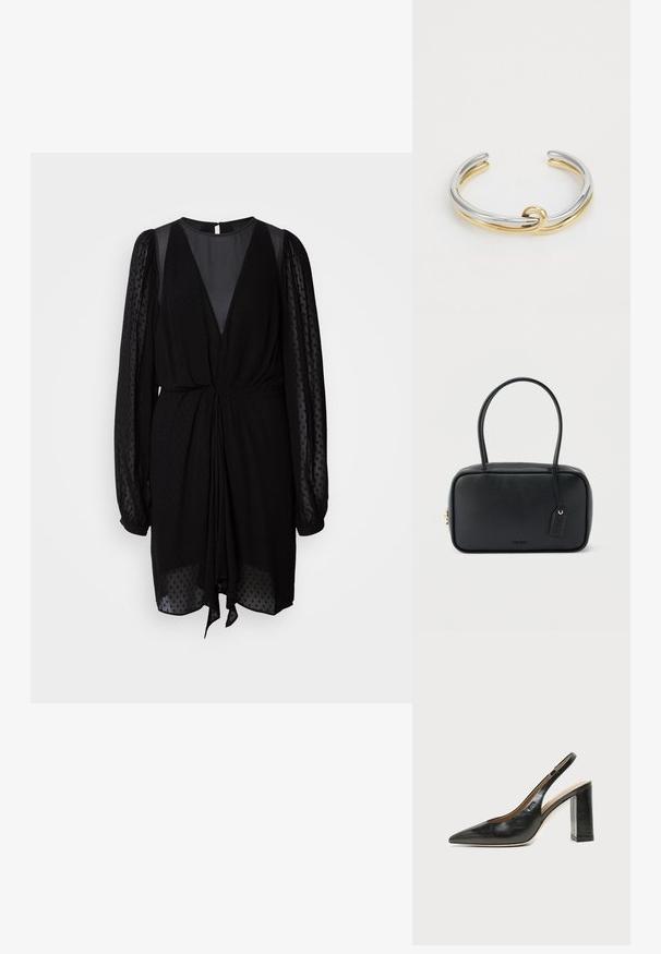 Zwarte jurk met een diepe V-hals, textuur en doorzichtige lange mouwen, en een gathered taille. Heeft een strikdetail aan de voorkant en een gladde, vloeiende stof.; Zwarte leren slingback schoen met spits toelopend neusje, hoge blokhak en beige binnenvoering tegen een effen lichte achtergrond.; Zwarte rechthoekige handtas met dubbele afgeronde handvaten, gouden ritssluiting en geperst "HUGO" logo aan de voorkant met een aangehecht lederen label.; Metalen armband met een gevlochten ontwerp van zilveren en gouden banden, met een gladde, gepolijste afwerking. Opvallend knoopdetail in het midden.