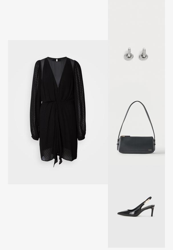 Sort kjole med dyb V-hals, teksturerede gennemsigtige lange ærmer og samlet talje. Har et bundet frontdetalje og et glat, flydende stof.; Sort læder slingback højhælede sko med spidse tæer, glat overflade og en smal ankelrem med guldfarvede hardware detaljer.; Sort rektangulær skuldertaske i læder med guld lynlås og lille guld "HUGO"-logo på fronten, med justerbar strop med spænde.; Par små, skinnende sølv hoops med rund base, vist på en ensfarvet lys baggrund.