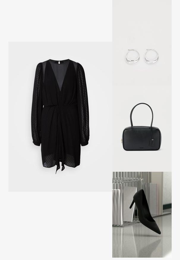 Zwarte jurk met een diepe V-hals, textuur en doorzichtige lange mouwen, en een gathered taille. Heeft een strikdetail aan de voorkant en een gladde, vloeiende stof.; Zwarte high-heeled schoen in balans op de hiel op een reflecterende aanrecht bij metalen ordnerhouders met witte mappen.; Zwarte rechthoekige handtas met dubbele afgeronde handvaten, gouden ritssluiting en geperst "HUGO" logo aan de voorkant met een aangehecht lederen label.; Zilveren creolen met een gepolijste afwerking en DKNY-branding, weergegeven tegen een effen witte achtergrond.