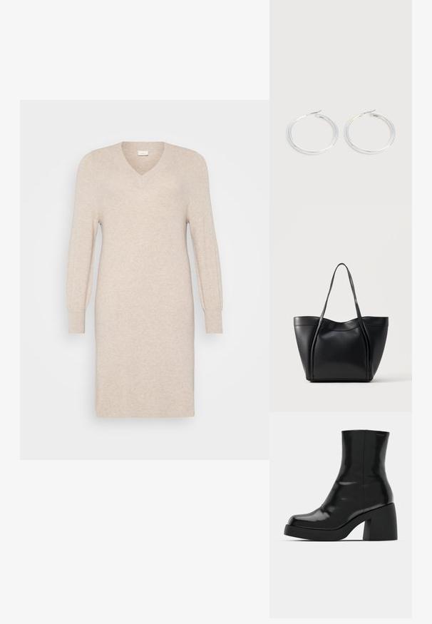 Beige gebreide jurk met een V-hals, lange mouwen met manchetten, en een getailleerde silhouet. Gladde textuur en jurk tot de knie.; Zwarte enkellaarzen met een glanzende afwerking, vierkante neus en een dikke blokhak. Het ontwerp heeft een naadloze silhouet en minimale branding.; Zwarte leren tote-tas met twee lange handvatten en een licht gebogen bovenrand, getoond tegen een effen lichte achtergrond.; Een paar glanzende zilveren oorringen met dunne draadafsluitingen, getoond op een lichtgrijze achtergrond.
