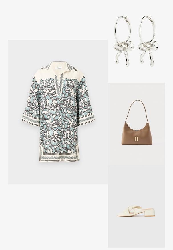 Korteblauwe blouse in crèmekleur met een bloemenpatroon in lichtblauw en bruin, met een notch-kraag en decoratieve accenten langs de randen.; Roomkleurige block-heeled sandaaltjes met gedraaide bandjes en een vlakke teenbed. Glad synthetisch materiaal met een matte afwerking.; Bruine leren handtas met een gebogen silhouet, een ritssluiting en een gouden letteraccent. Heeft een enkele, dunne schouderband.; Zilveren hoepel oorbellen met een strikdetail in het midden, die een glanzende afwerking en een gladde textuur tonen.