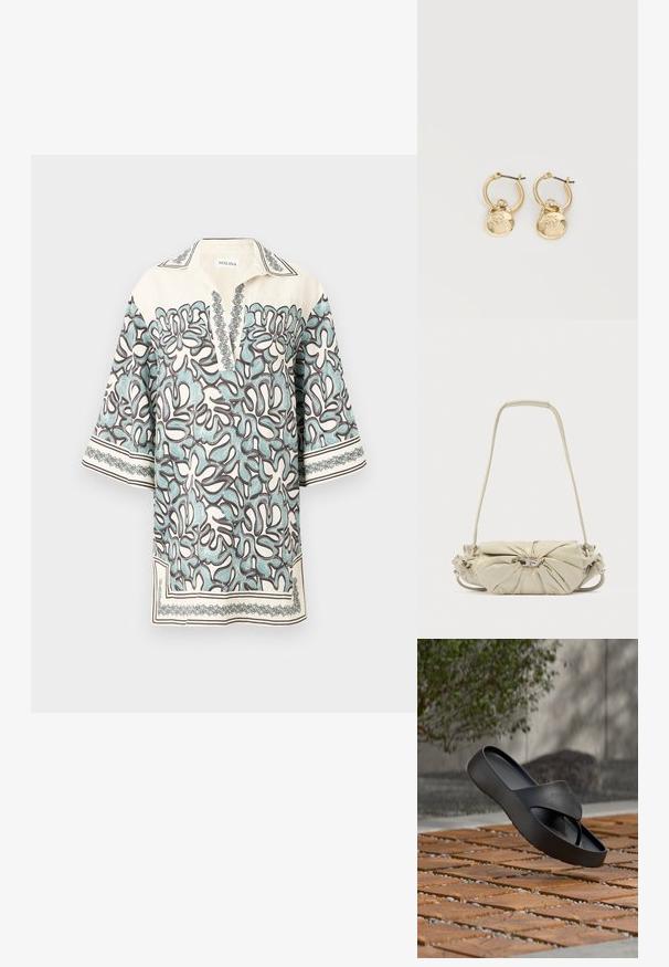 Kortærmet bluse i creme med et blomstermønster i lyseblå og brun, med en klapkrave og dekorative detaljer langs kanterne.; Sort Calvin Klein platform sandal, der svæver over mønstret træ- og stenudendørs gulv med sløret træ- og vægbaggrund.; Beige skuldertaske i læder med samlet design og sølv spænde, der har en lang rem og polstret håndtag.; Guld øreringe med runde DKNY-logo charms og små indlejrede krystaller på hvid baggrund.
