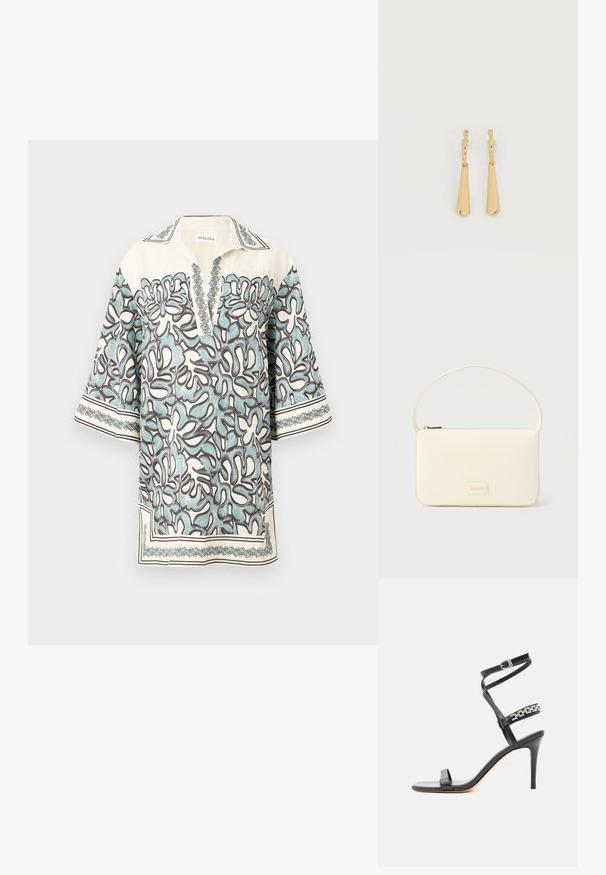 Kortærmet bluse i creme med et blomstermønster i lyseblå og brun, med en klapkrave og dekorative detaljer langs kanterne.; Sort højhælet sandal med tynd ankelrem, midtfodsrem dekoreret med sølvkædeled og åben tå-design.; Kremfarvet rektangulær håndtaske med en enkelt rem og lynlås øverst, med en lille præget logo-plakette foran.; Øreringe i guldfarvet metal med glatte, aflangt dråbeformede vedhæng, der hænger fra små creol-låse på en hvid baggrund.