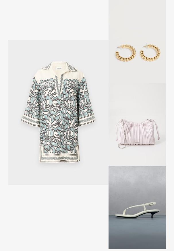 Kortærmet bluse i creme med et blomstermønster i lyseblå og brun, med en klapkrave og dekorative detaljer langs kanterne.; Hvid sandal med stropper og kitten-hæl med spids tå, svævende over et trægulv udendørs med en sløret plante og væg i baggrunden.; Rosa plisseret håndtaske lavet af kunstlæder, med snørelukning og en sølvfarvet kædrem. Glat tekstur, kompakt form.; Et par guldfarvede creoler med afrundede perle-detaljer langs den ydre kant på en lys baggrund.