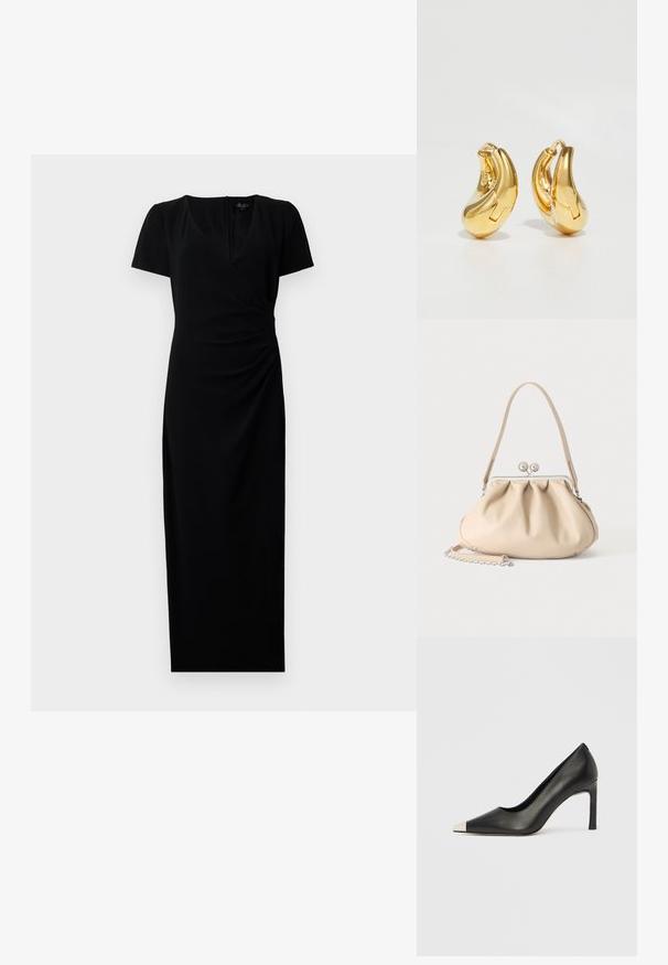 Robe noire mi-longue avec des manches courtes, décolleté en V et design à enroulement à l'avant. Tissu lisse avec des détails froncés sur le côté pour une silhouette flatteuse.; Chaussure à talon haut en cuir noir avec bout pointu et capuchon argenté métallique. Présente une finition lisse et un talon fin de 10 cm.; Sac à main en cuir souple beige avec un fermoir en métal argenté, une bandoulière simple et une bandoulière chaîne optionnelle sur fond blanc.; Boucles d'oreilles en or en forme de d'anneaux lisses et courbés avec une finition polie. Équipées d'un mécanisme de fermeture et de légères indentations pour le détail.