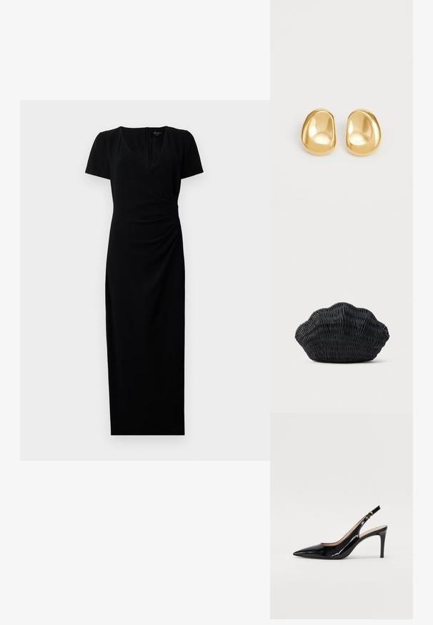 Robe noire mi-longue avec des manches courtes, décolleté en V et design à enroulement à l'avant. Tissu lisse avec des détails froncés sur le côté pour une silhouette flatteuse.; Pompe slingback en cuir verni noir avec un bout pointu, un talon fin et un design de découpes subtil. Elle dispose d'une boucle dorée sur la sangle.; Sac à main en osier noir en forme de coquille Saint-Jacques avec un dessus courbé et une texture tressée sur un fond uni.; Boucles d'oreilles en forme de clou de couleur or, avec une forme lisse et arrondie et une surface réfléchissante, mettant en avant un design minimaliste sans motifs visibles.