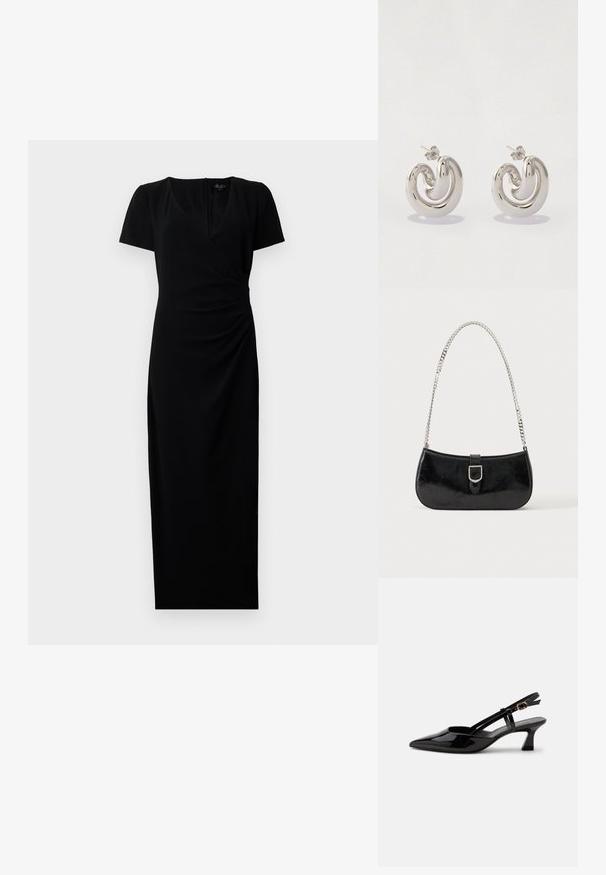 Robe noire mi-longue avec des manches courtes, décolleté en V et design à enroulement à l'avant. Tissu lisse avec des détails froncés sur le côté pour une silhouette flatteuse.; Chaussure slingback en cuir verni noir à petit talon, bout pointu et bride réglable avec boucle dorée sur fond blanc.; Sac à épaule en cuir verni noir avec détail de boucle argentée et bandoulière en chaîne argentée, présenté sur un fond uni clair.; Boucles d'oreilles en métal argenté avec un design tourbillonnant, présentant des surfaces lisses et une finition polie, maintenues par un fermoir en papillon.