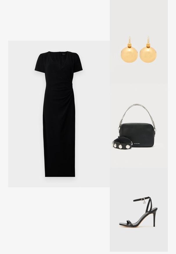 Robe noire mi-longue avec des manches courtes, décolleté en V et design à enroulement à l'avant. Tissu lisse avec des détails froncés sur le côté pour une silhouette flatteuse.; Sandale à talon haut noire avec une bride étroite à la cheville, bout carré, cuir lisse et accent de boucle métallique.; Sac bandoulière en cuir noir avec une finition texturée, bandoulière chaîne argentée et bracelet poignet noir clouté. Comprend une fermeture éclair sur le dessus et un détail logo.; Paire de boucles d'oreilles boule de Noël dorées brillantes avec fermoirs à crochet sur fond blanc uni.