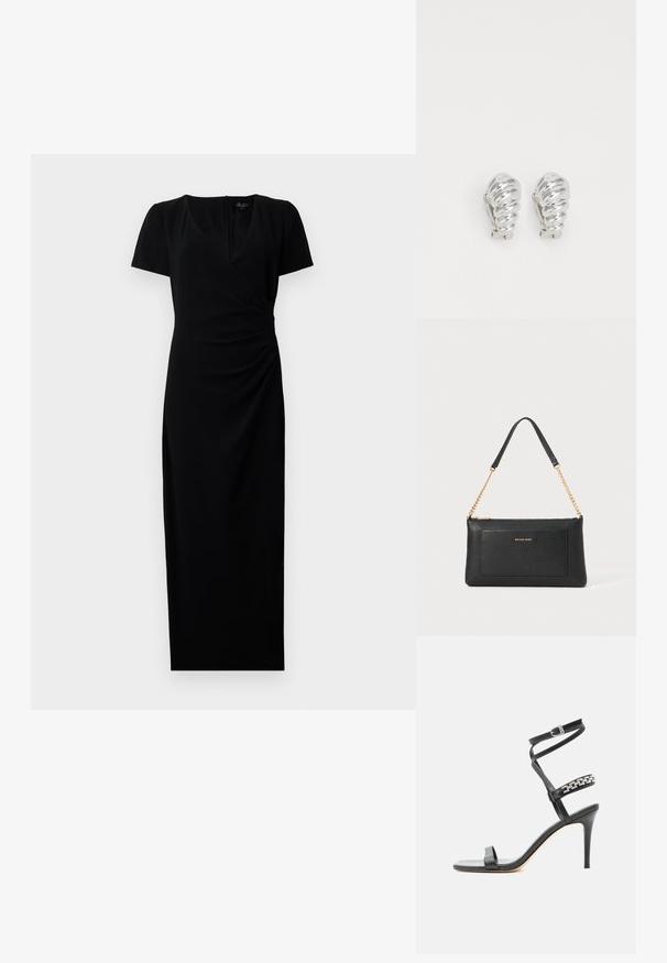 Robe noire mi-longue avec des manches courtes, décolleté en V et design à enroulement à l'avant. Tissu lisse avec des détails froncés sur le côté pour une silhouette flatteuse.; Sandale noire à talon haut avec fine bride à la cheville, bride médiane décorée de maillons de chaîne argentés, et design à bout ouvert.; Pochette en cuir noir avec une texture en relief, bandoulière en chaîne dorée et une poche avant. Elle arbore un logo doré sur le devant.; Boucles d'oreilles en clip argentées avec un design en spirale, présentant une texture métallique lisse et des formes arrondies. Pas d'embellissements ou de motifs visibles.