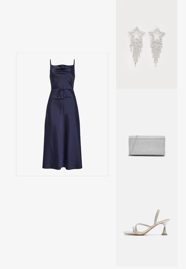Navy satijnen jurk met dunne bandjes, een getailleerde taille, een tailleband en een vloeiende A-lijn rok, met een gladde en glanzende textuur.; Zilveren metallic haksandalen met kruislings mesh banden en een unieke uitlopende hak. Glad gevoerd voetbed en puntige neus.; Zilveren metallic clutch met een geweven gaasontwerp, rechthoekige vorm en een kettingriem om mee te dragen. Gladde textuur en gepolijste afwerking.; Rhinestone ster oorbellen met waterval franje, in een zilverkleurige tint en een glanzend, reflecterend oppervlak. Stervorm met ingewikkeld ontwerp.