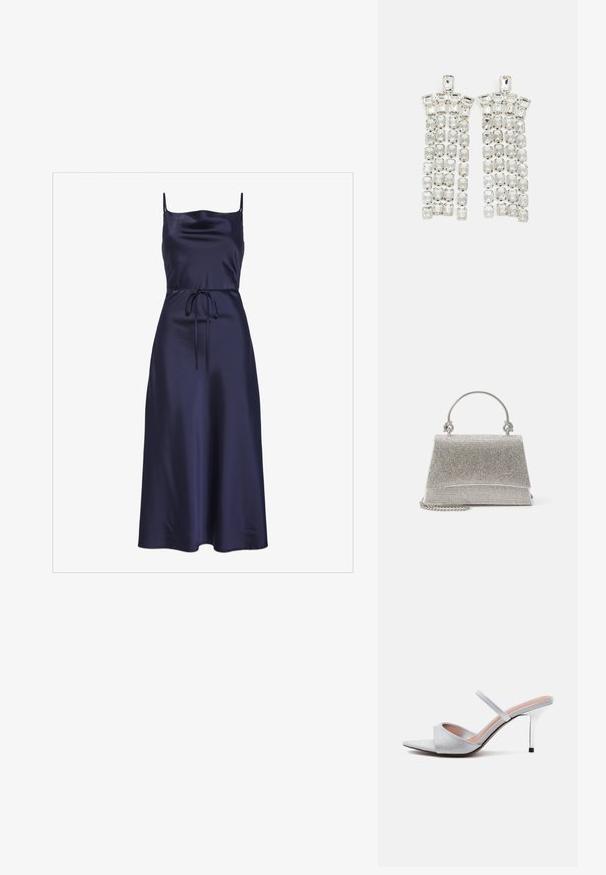 Navy Satin-Kleid mit dünnen Trägern, einem figurbetonten Oberteil, einem Taillengürtel und einem fließenden A-Linien-Rock, der eine glatte und glänzende Textur zeigt.; Silberner High-Heel-Mule mit spitz zulaufender Spitze, glitzerndem breitem Riemen über den Zehen und dünnem Riemen über dem Fuß, auf weißem Hintergrund.; ALDO FELISIA - Handtasche - silver-coloured; Kristall-Tropfenohrringe mit silberfarbener Hardware, die mit mehreren rechteckigen und quadratischen Edelsteinen in kaskadierenden Reihen angeordnet sind.
