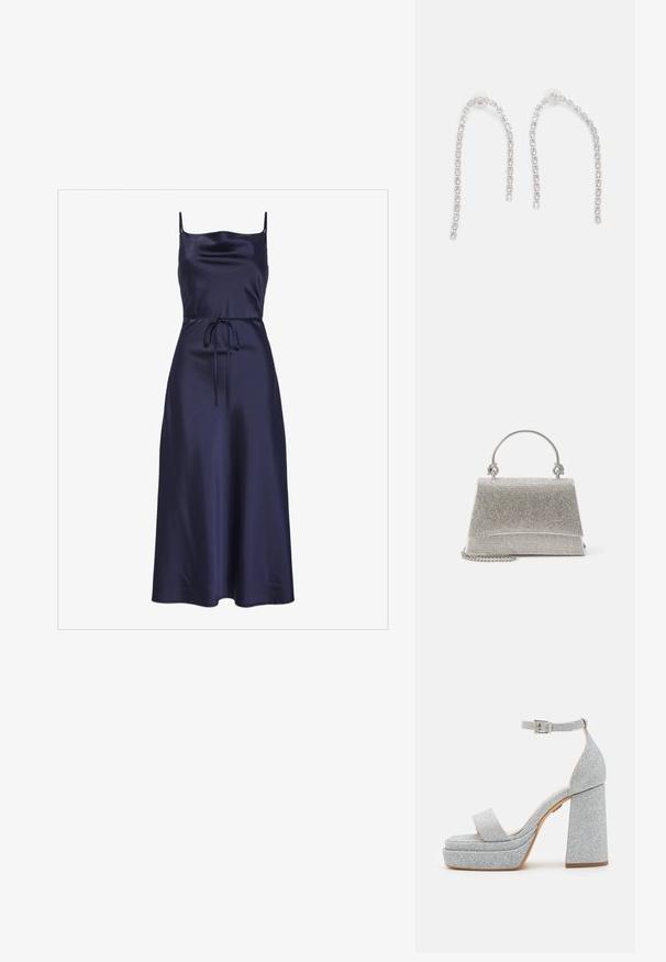 Navy satin kjole med tynde stropper, et tætsiddende liv, en taljebånd og en svævende A-formet skirt, der fremviser en glat og blank overflade.; Sølvglitrende platform-sandaler med en bred rem, justerbar ankelspænde og en chunky hæl. Har en glat, tekstureret overflade.; ALDO FELISIA - Håndtasker - silver-coloured; Sølvøreringe med hængende kæder, prydet med flere klare ædelsten arrangeret i et lineært mønster, der giver en glitrende effekt.