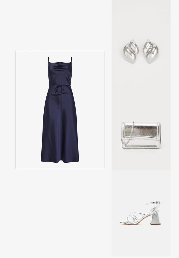 Navy Satin-Kleid mit dünnen Trägern, einem figurbetonten Oberteil, einem Taillengürtel und einem fließenden A-Linien-Rock, der eine glatte und glänzende Textur zeigt.; Silberne Riemchensandale mit Blockabsatz und verstellbarem Knöchelriemen, offene Zehenpartie und glatte Sohle auf weißem Hintergrund.; Silberne metallische Clutch-Tasche mit glatter Textur, Klappenverschluss und Kettenriemen. Verfügt über ein strukturiertes rechteckiges Design und gestickte Akzente.; Silberne Ohrringe mit einer organischen, abstrakten Form. Glatte, glänzende Oberfläche mit einem konischen Design. Mit dezenten Kurven und einem zentralen Linienelement.