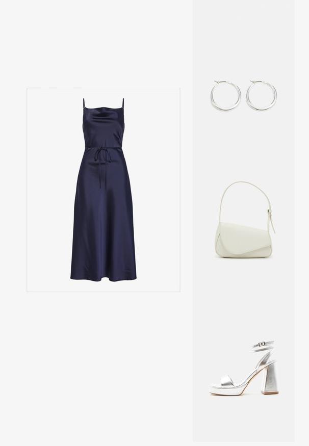 Navy satijnen jurk met dunne bandjes, een getailleerde taille, een tailleband en een vloeiende A-lijn rok, met een gladde en glanzende textuur.; Zilveren metallic sandaal met hoge hak, enkelbandje, blokhak en open teen op een effen lichte achtergrond.; Witte nepleren handtas met een gestructureerde driehoekige vorm, een enkele verstelbare schouderriem en een klep met ronde accenten.; Zilveren hoop oorbellen hebben een glad, rond ontwerp met een dun profiel en een veilige sluiting. Minimalistische stijl met een gepolijste afwerking.