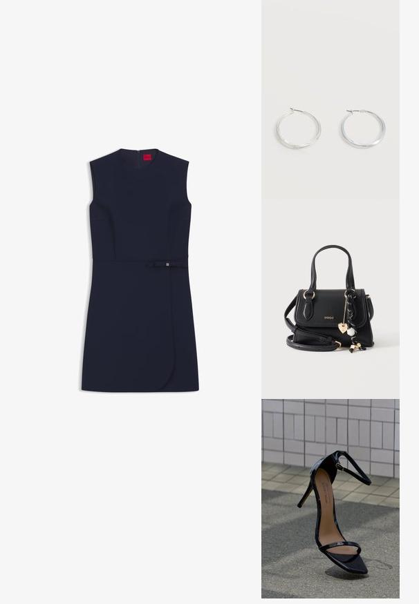Robe bleu marine sans manches avec col rond, taille cintrée et petit détail de nœud sur le côté sur fond blanc.; Sandale à talons hauts en cuir verni noir avec bride à la cheville, boucle dorée et bout pointu, positionnée verticalement sur une surface de carrelage et d'asphalte.; Sac à main Hugo en cuir noir avec deux poignées, une bandoulière amovible et un cordon décoratif noir et blanc avec pendentif cœur doré.; Boucles d’oreilles créoles en métal argenté avec une surface lisse légèrement incurvée et des fermoirs à clapet sur un fond blanc uni.