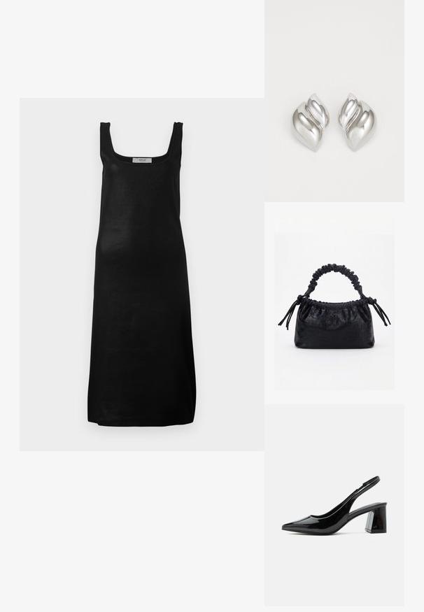Vestido negro sin mangas con escote cuadrado y silueta recta. Elaborado con una tela suave y ligera, presenta un diseño minimalista.; Zapato slingback negro de charol con punta afilada y tacón ancho de altura media sobre fondo blanco.; Bolso negro con textura de cocodrilo, borde superior fruncido, asa recogida y cordones con borlas en cada lado sobre un fondo blanco.; Pendientes de plata con una forma orgánica y abstracta. Superficie lisa y brillante con un diseño cónico. Presentan suaves curvas y un detalle de línea central.