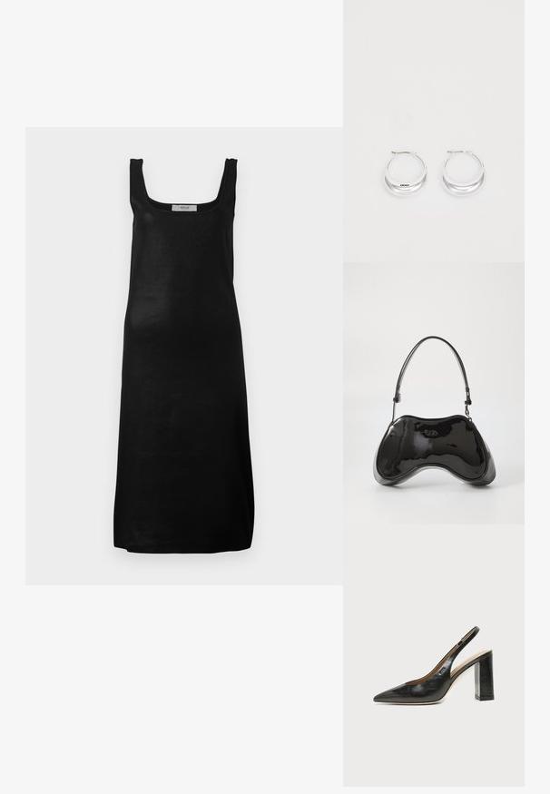Vestido negro sin mangas con escote cuadrado y silueta recta. Elaborado con una tela suave y ligera, presenta un diseño minimalista.; Zapato slingback de piel negra con puntera puntiaguda, tacón alto y ancho, y forro interior beige sobre un fondo claro y liso.; Bolso de mano de piel sintética negra con un diseño curvado único, asas cortas y ajustables, y abertura con cremallera en la parte superior. Textura suave con una sutil marca.; Pendientes de aro de plata con un acabado pulido y la marca DKNY, exhibidos sobre un fondo blanco liso.