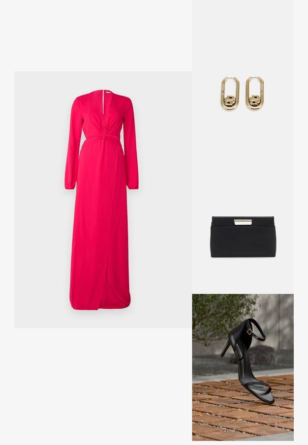Robe longue rose avec des manches longues, un détail de taille noué, un décolleté en V profond et une fente à l'avant. Fabriquée en tissu doux et fluide.; Sandale noire à talon haut avec sangle à la cheville, suspendue au-dessus d'un sol en carreaux de bois à l'extérieur, avec un arrière-plan flou de verdure et de pierre.; Pochette en cuir noir de forme rectangulaire. Présente un accent de poignée métallique au niveau de la fermeture, une texture lisse et un design minimaliste.; BOSS DOUBLE B SWING - Boucles d'oreilles - gold-coloured