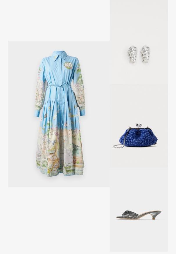 Robe bleu clair avec de longues manches imprimées présentant des illustrations colorées ; col, taille cintrée et jupe plissée.; Mule argentée métallisée à bout ouvert avec petit talon kitten et plusieurs fines brides formant un motif tissé sur le pied.; Petit sac pochette bleu perlé avec fermoir argenté et bandoulière en chaîne, posé sur un fond uni gris clair.; Boucles d'oreilles en clip argentées avec un design en spirale, présentant une texture métallique lisse et des formes arrondies. Pas d'embellissements ou de motifs visibles.