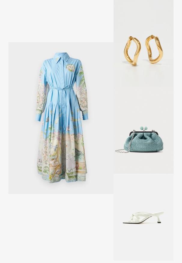 Robe bleu clair avec de longues manches imprimées présentant des illustrations colorées ; col, taille cintrée et jupe plissée.; Sandale blanche à talon avec plusieurs fines brides nouées et un talon fin de hauteur moyenne sur un fond clair uni.; Petit sac pochette tissé bleu clair avec une chaîne argentée et une fermeture à boucle ronde sur le dessus.; Boucles d'oreilles en forme de cerceau de couleur dorée avec une forme courbée et irrégulière et une texture lisse et polie. Aucun matériel ou accent visible.