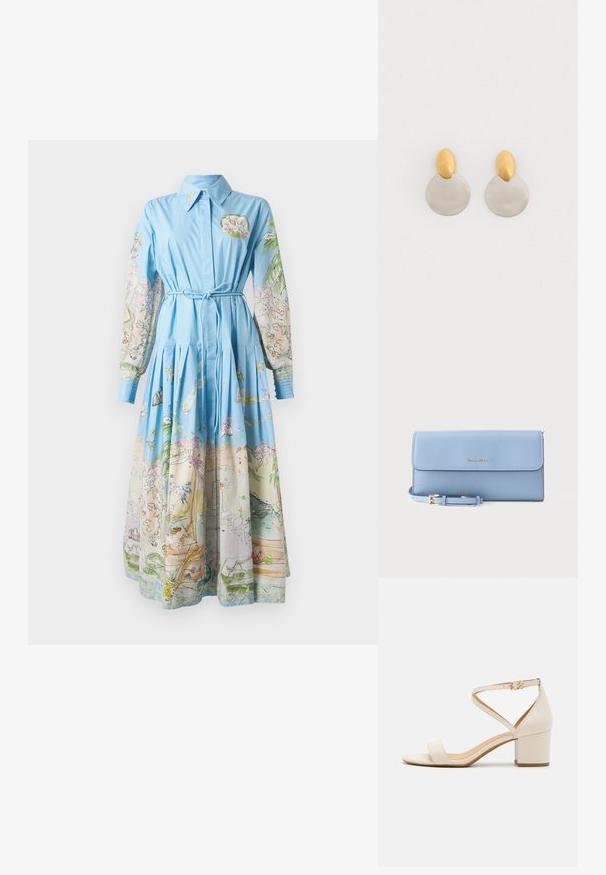 Robe bleu clair avec de longues manches imprimées présentant des illustrations colorées ; col, taille cintrée et jupe plissée.; Sandales à talon bloc beiges présentant un design minimaliste, bout ouvert et une sangle de cheville ajustable avec une boucle dorée. Texture lisse.; Pochette en cuir bleu clair texturé avec logo doré "Michael Kors" et une sangle réglable avec une boucle dorée, posée sur un fond uni.; Boucles d'oreilles en métal doré et argenté avec une base en disque rond et une pièce supérieure ovale, texture lisse et finition polie.