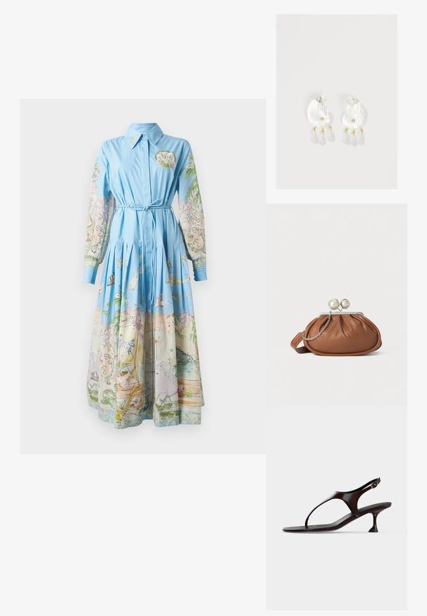 Robe bleu clair avec de longues manches imprimées présentant des illustrations colorées ; col, taille cintrée et jupe plissée.; Sandale slingback en cuir verni marron foncé avec petit talon et bride entre les orteils sur fond blanc.; Pochette en cuir marron avec un fermoir à boule en argent et un petit détail en chaîne argentée sur fond blanc.; Boucles d'oreilles en résine transparente en forme de coquillage avec de petits accents dorés et trois breloques translucides en forme de goutte pendantes sur chaque boucle d'oreille.
