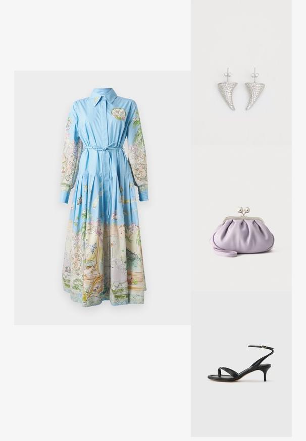 Vestido azul claro con mangas largas impresas que presentan ilustraciones coloridas; con cuello, cinturón anudado y falda plisada.; Sandalia negra de cuero para mujer con tiras finas, un lazo para el dedo del pie, hebilla en el tobillo y tacón de aguja de altura media sobre un fondo neutro.; Bolso de mano suave de lavanda con tela recogida, cierre de beso plateado y correa de muñeca a juego sobre un fondo liso y claro.; Pendientes en forma de cuerno plateado, engastados con pequeñas piedras transparentes, que cuentan con un cierre trasero para su sujeción. Textura suave y acabado metálico.