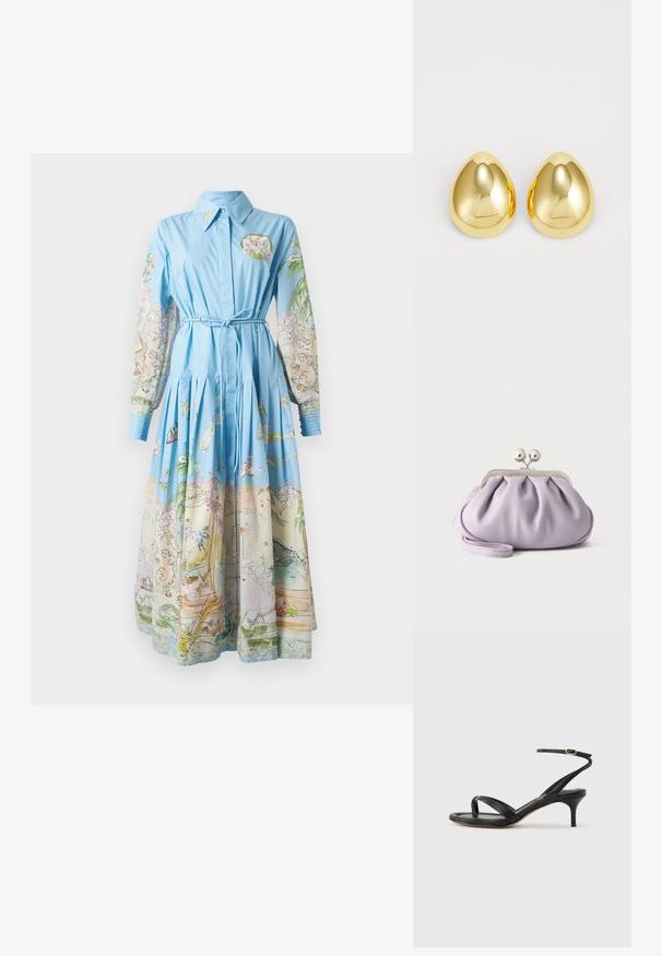 Robe bleu clair avec de longues manches imprimées présentant des illustrations colorées ; col, taille cintrée et jupe plissée.; Sandale pour femme en cuir noir avec fines lanières, une boucle d'orteil, une boucle à la cheville et un talon aiguille de hauteur moyenne sur un fond neutre.; Pochette lavande douce avec tissu froncé, fermoir kiss-lock argenté et bracelet assorti sur un fond clair uni.; Boucles d'oreilles clous de couleur or avec une surface lisse et polie, en forme de goutte d'eau, réfléchissant la lumière pour un fini éclatant.