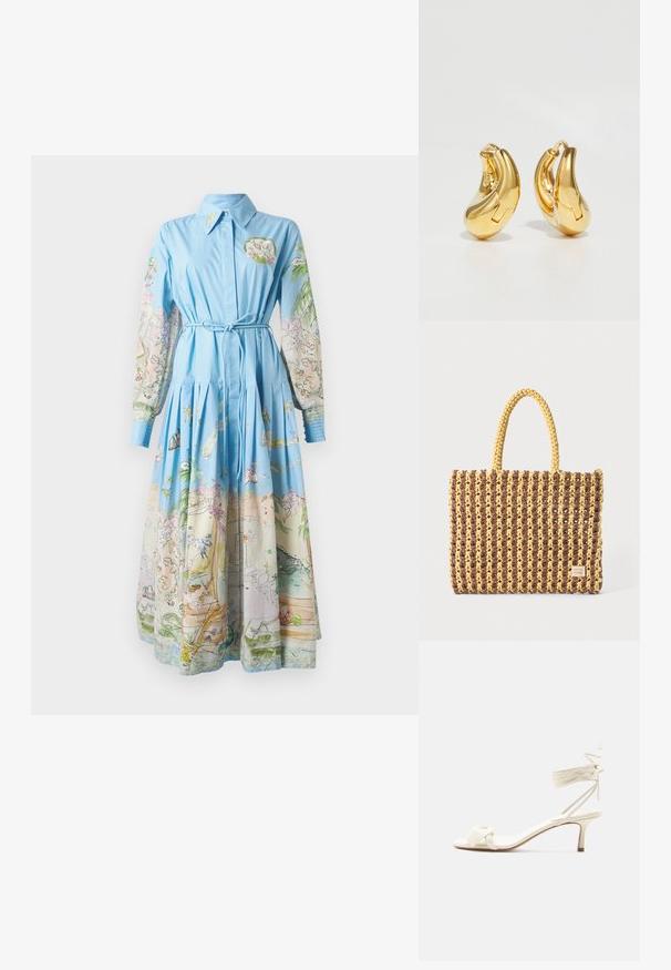 Robe bleu clair avec de longues manches imprimées présentant des illustrations colorées ; col, taille cintrée et jupe plissée.; Sandale à talon bas de couleur crème avec des liens à nouer autour de la cheville et une large bride torsadée sur les orteils, sur un fond blanc uni.; Sac tissé marron et jaune, de forme rectangulaire, avec deux poignées, et une finition texturée avec des coutures visibles et une étiquette de marque.; Boucles d'oreilles en or en forme de d'anneaux lisses et courbés avec une finition polie. Équipées d'un mécanisme de fermeture et de légères indentations pour le détail.
